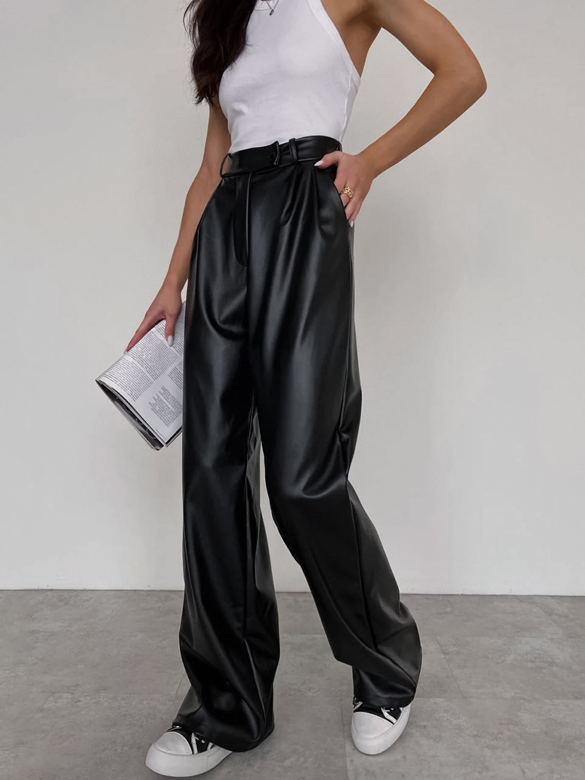 Faux Leather Wide Leg Pants-CALLISTARI