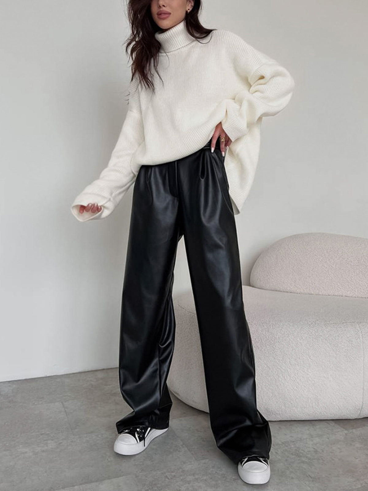 Faux Leather Wide Leg Pants-CALLISTARI