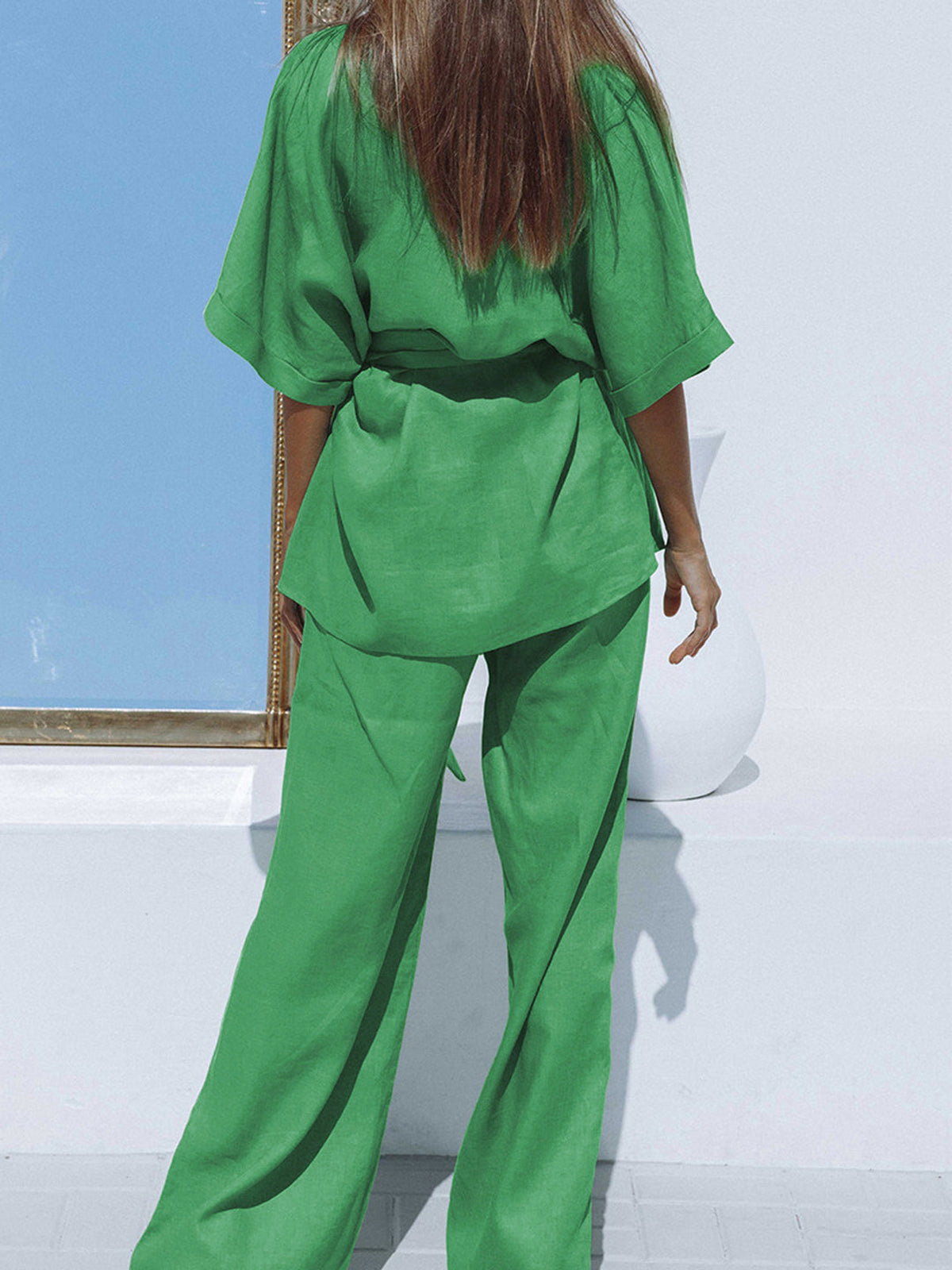 Oversized Linen Tied Two Piece Pants Set-Mesadic