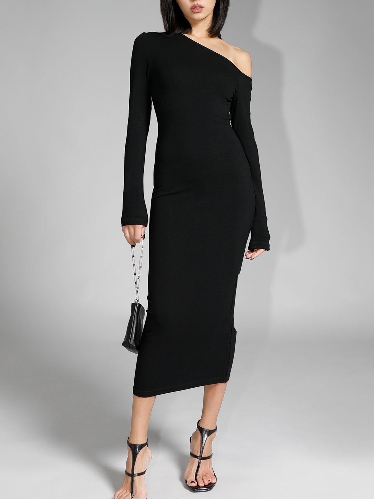Asymmetric Off Shoulder Long Sleeve Midi Dress-Mesadic