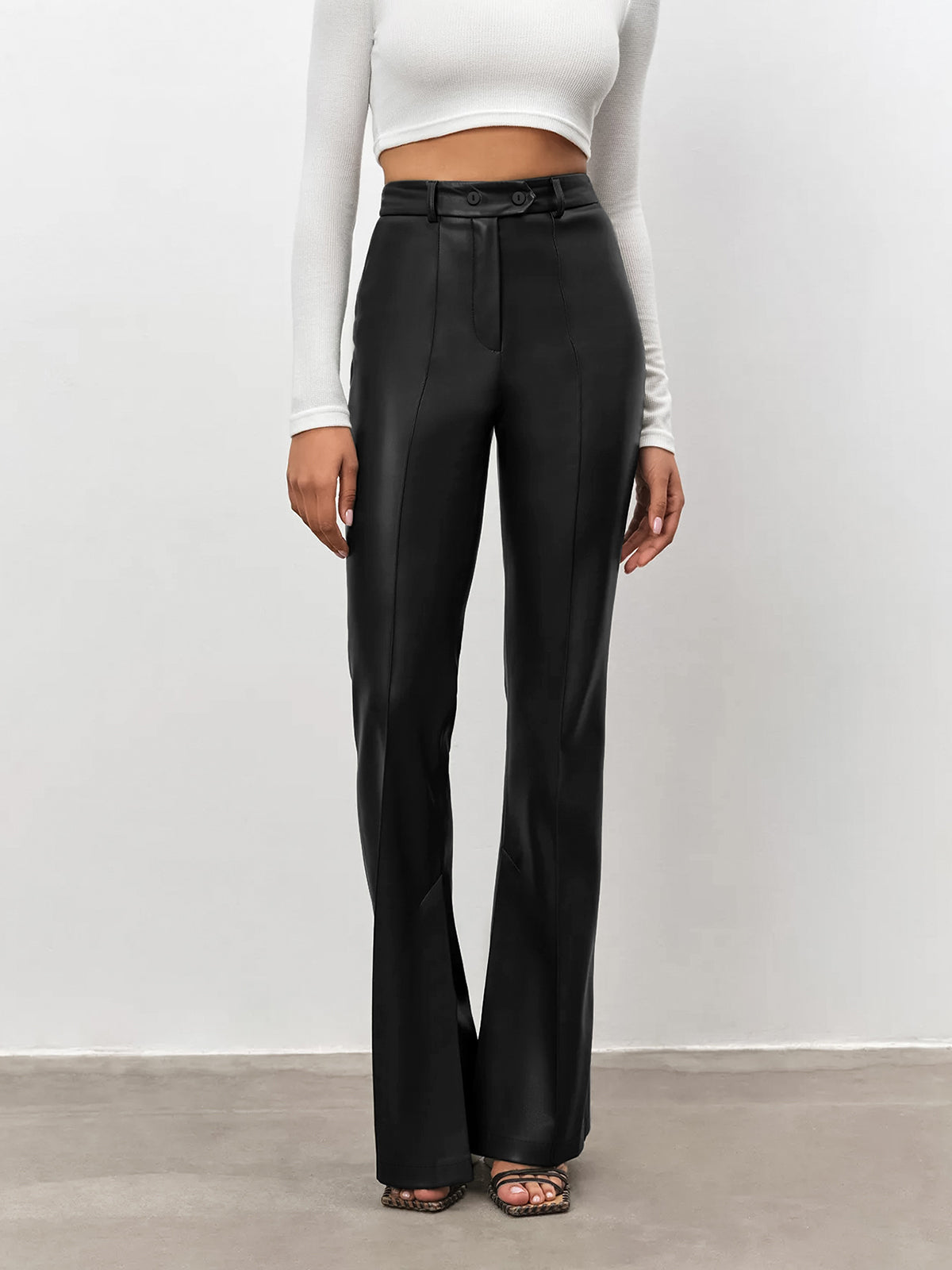 High Waisted Leather Straight Leg Flare Pants-CALLISTARI