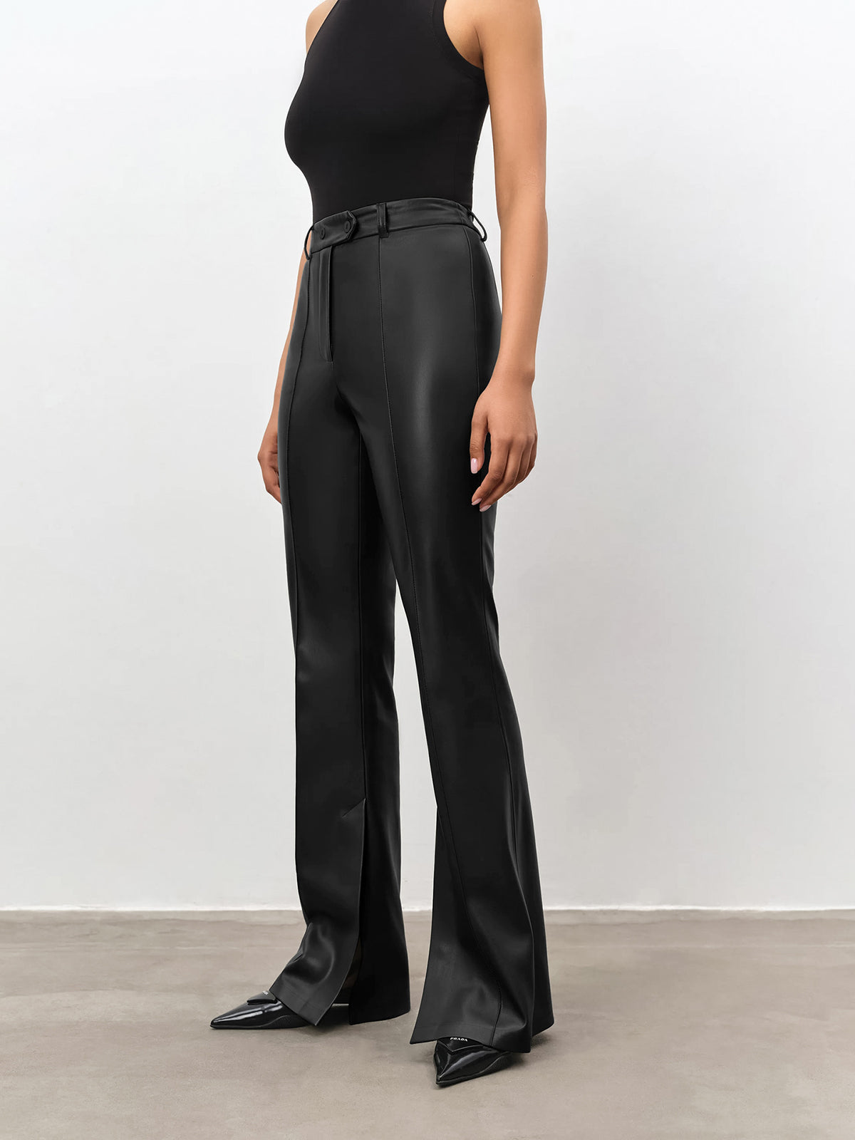 High Waisted Leather Straight Leg Flare Pants-CALLISTARI