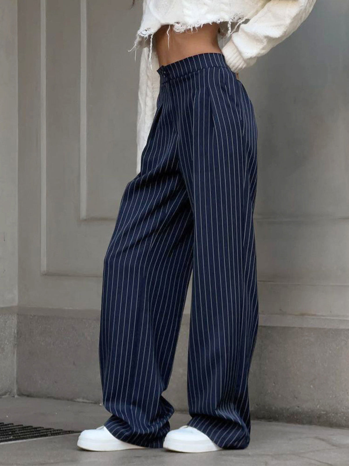 Pinstripe Pleated Wide Leg Dress Pants-CALLISTARI