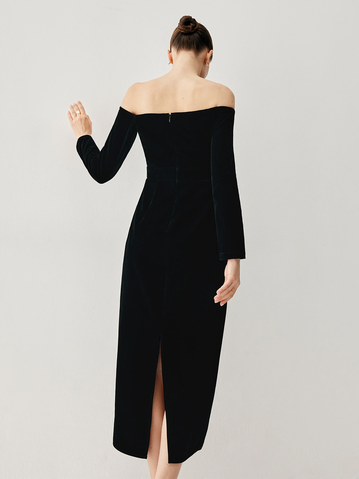 Velvet Off-shoulder Patchwork Slit Midi Dress-Mesadic