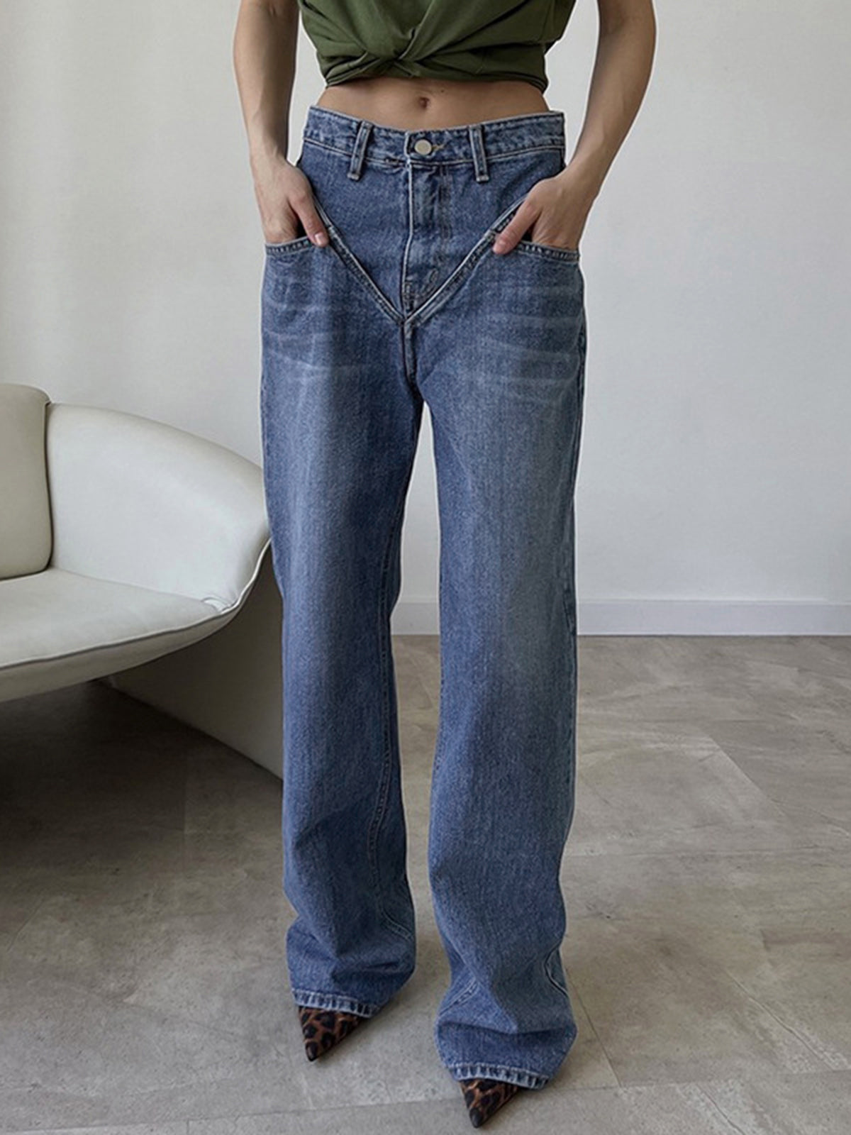 Vintage Wash Denim Straight Leg Jeans-CALLISTARI
