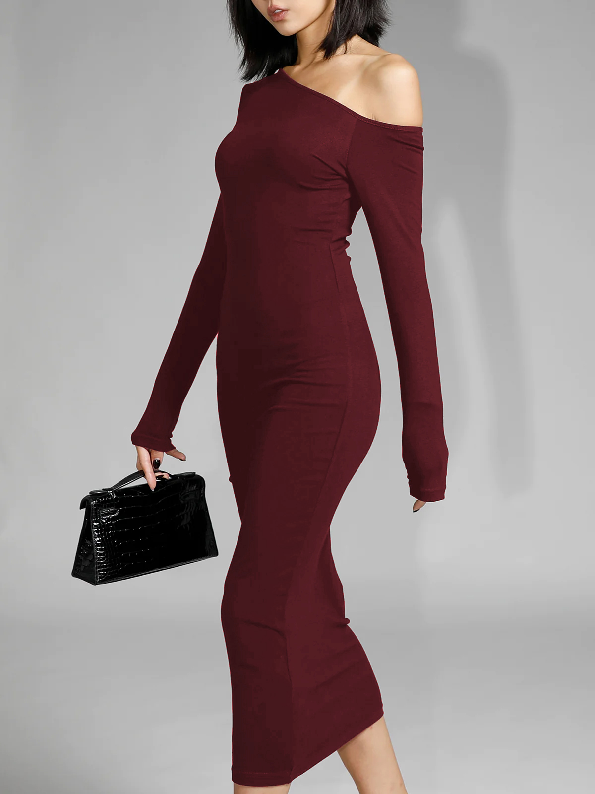 Asymmetric Off Shoulder Long Sleeve Midi Dress-Mesadic