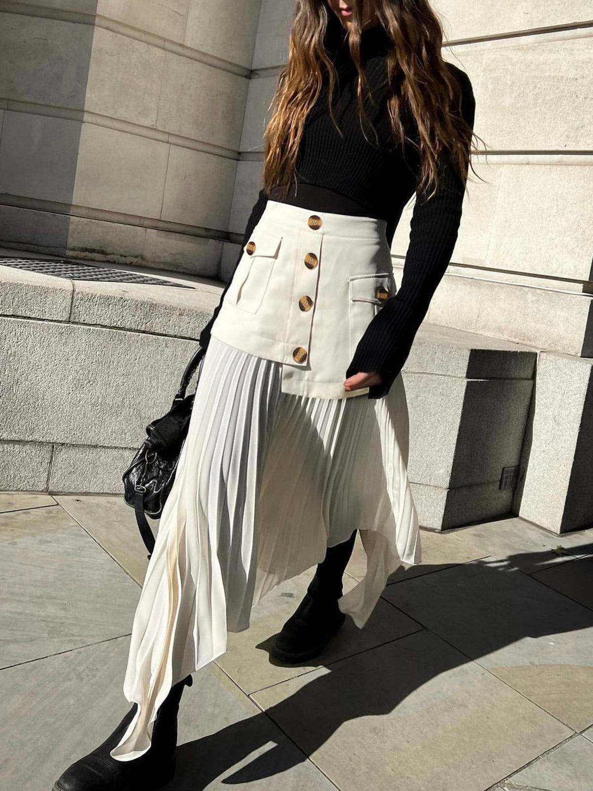 Patchwork Asymmetrical Pleated Buttoned Midi Skirt-CALLISTARI