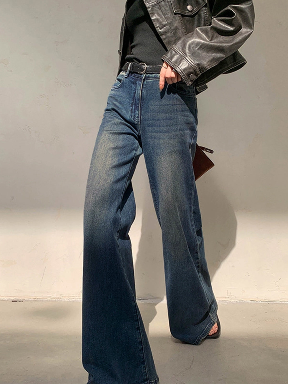 Vintage Denim Washed Wide Leg Jeans-CALLISTARI