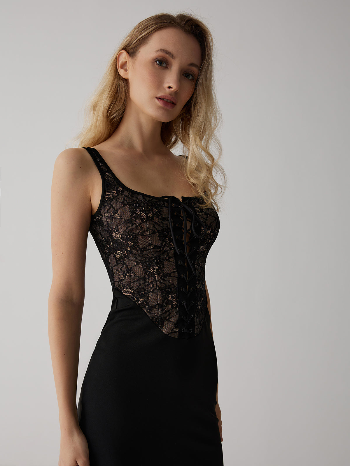 Lace Corset Square Neck Long Dress-Mesadic
