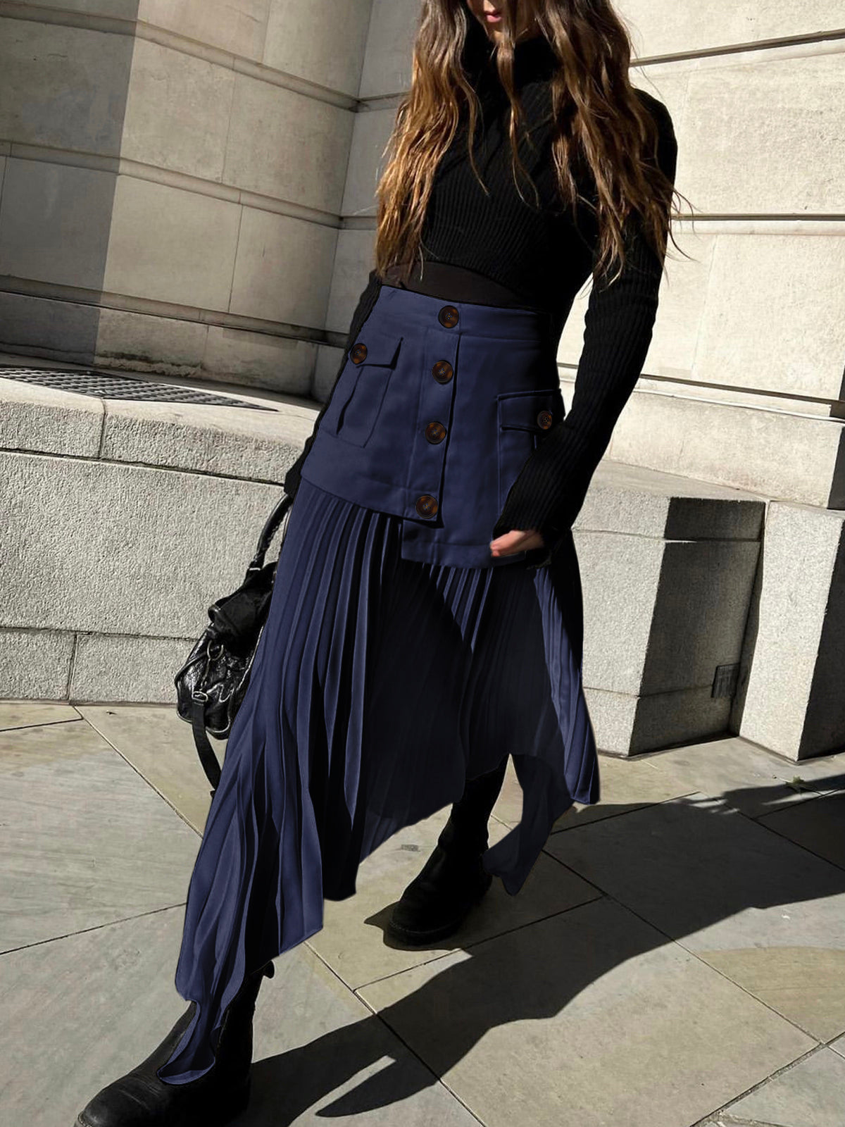 Patchwork Asymmetrical Pleated Buttoned Midi Skirt-CALLISTARI