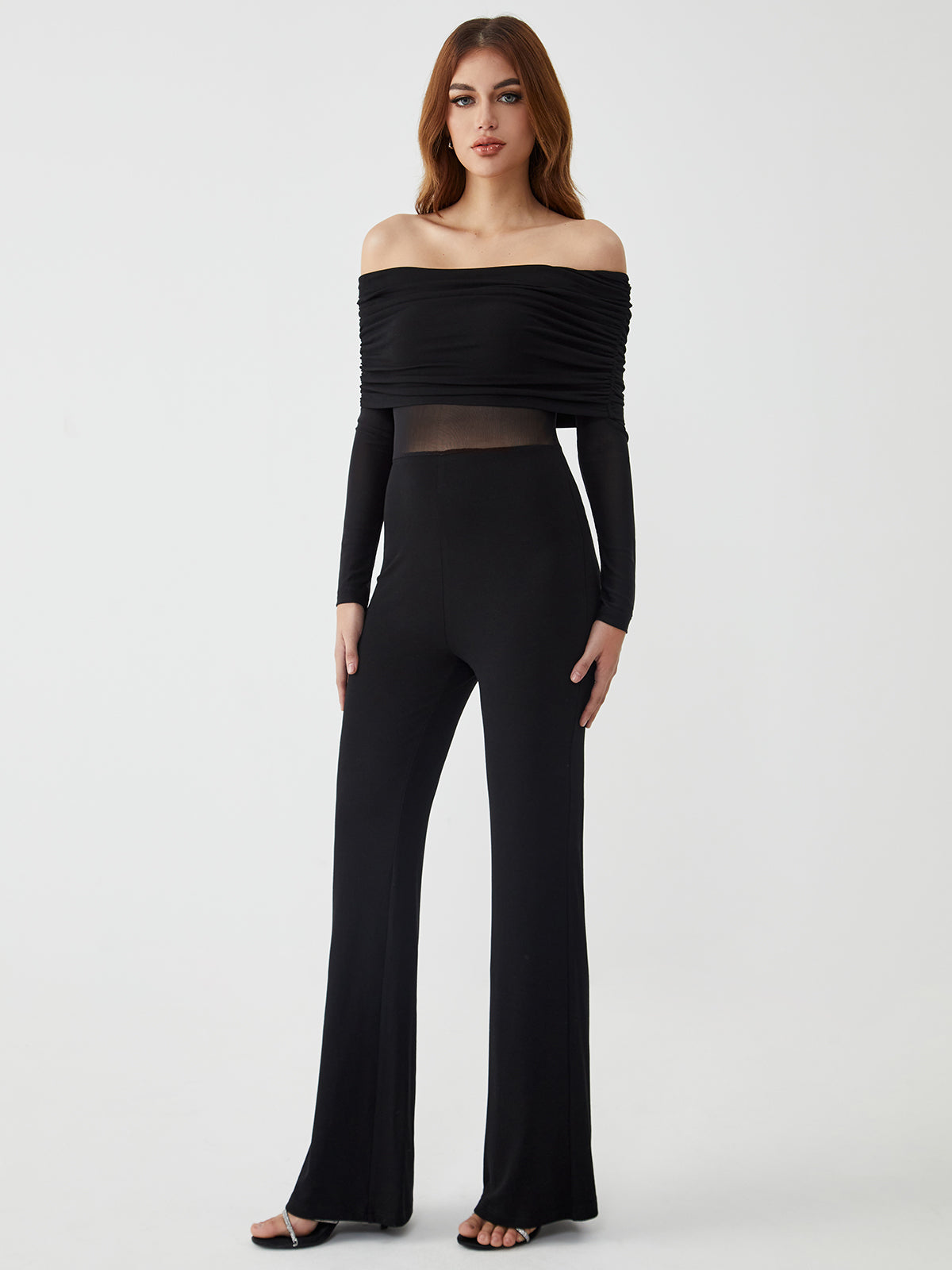 Callistari Callistari Overfold Off-Shoulder Mesh Long Sleeve Jumpsuit-CALLISTARI