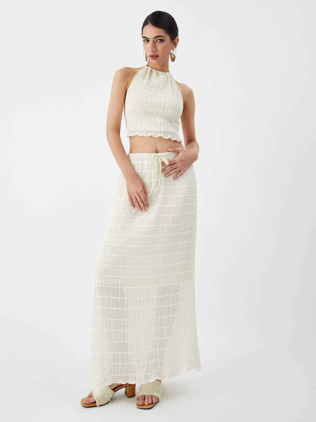 Backless Halter Top With Pleated Maxi Skirt Set-CALLISTARI