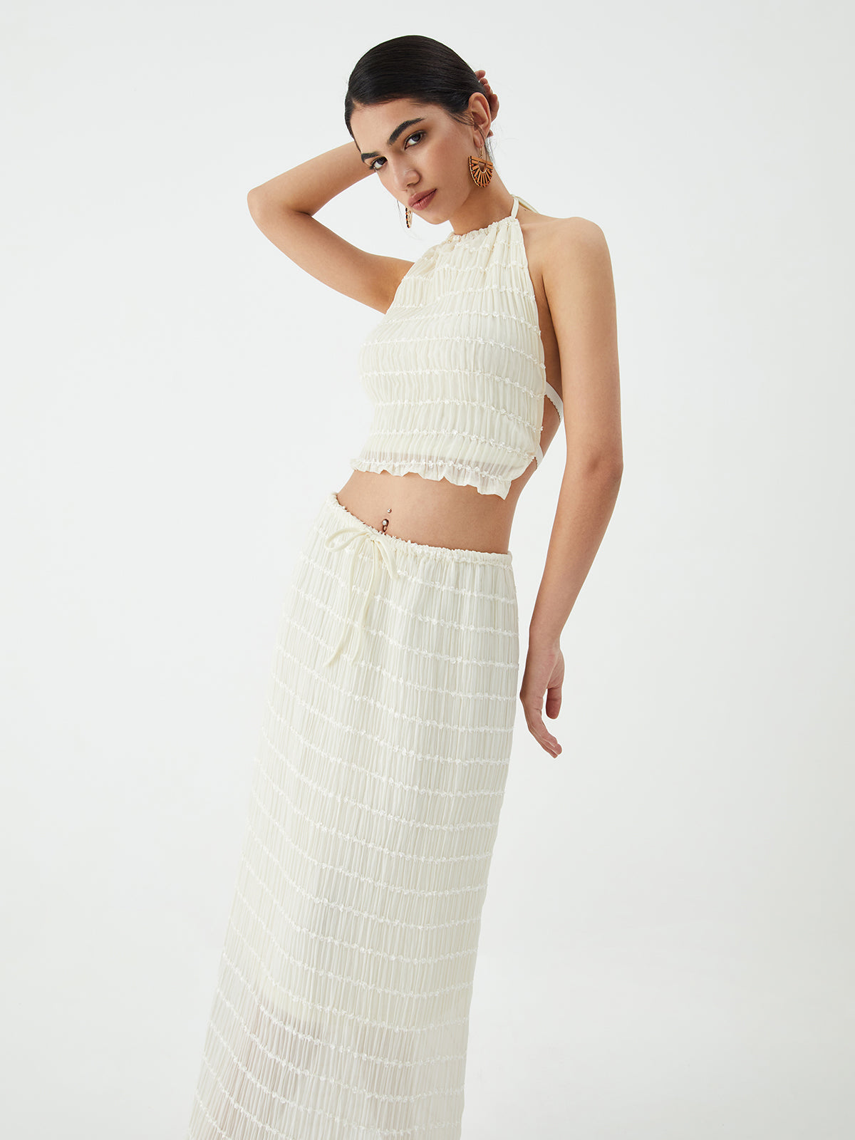 Backless Halter Top With Pleated Maxi Skirt Set-CALLISTARI