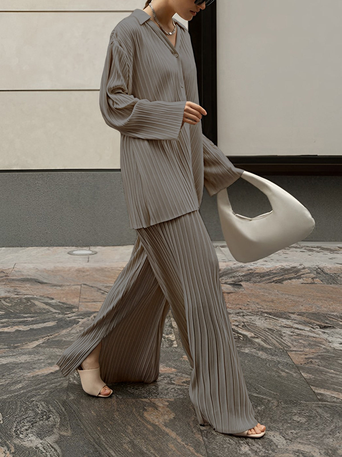 Oversized Leisure Pleat Pockets Two Piece Pants Set-CALLISTARI