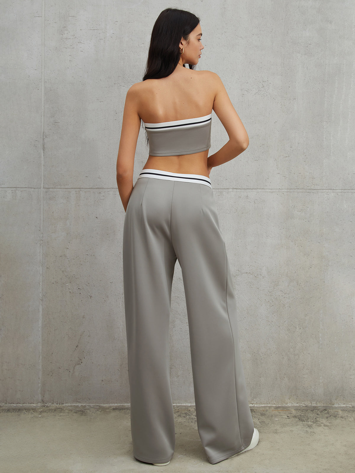 Tube Top Two Piece Contrast Waistband Pants Set-Mesadic