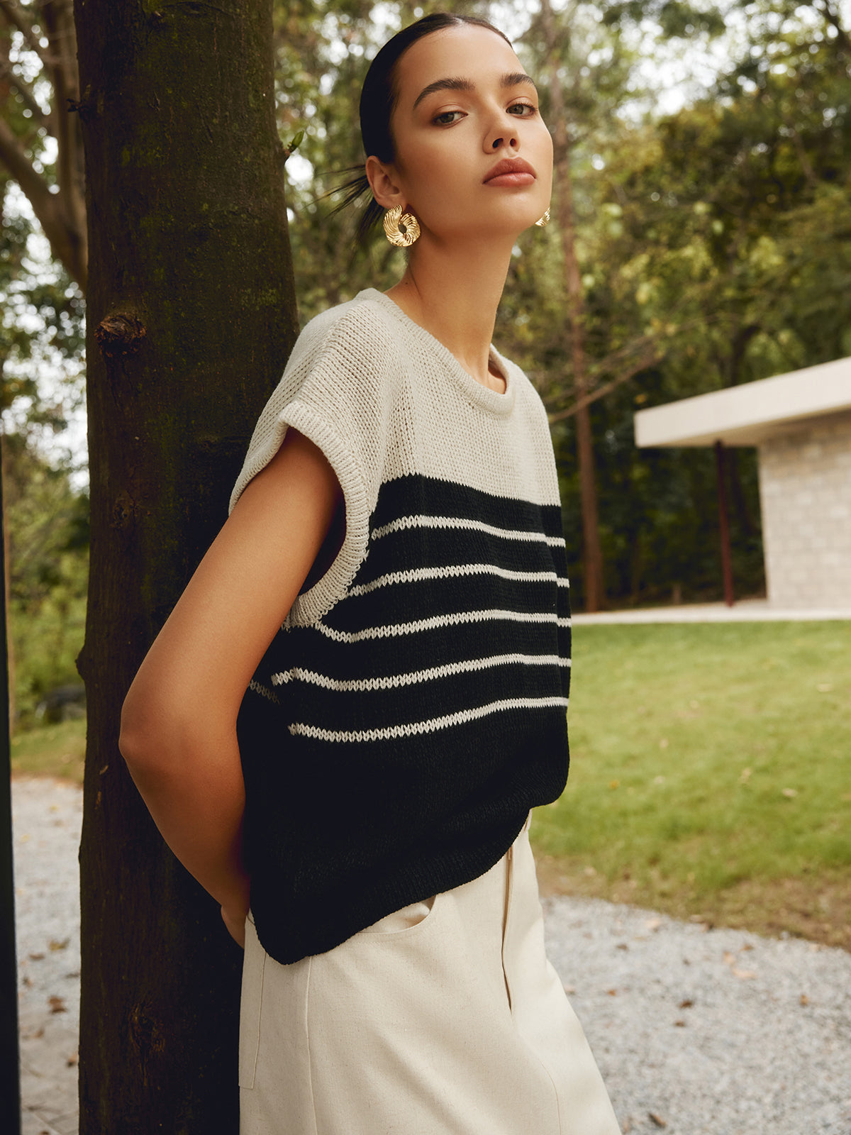 Casual Cotton Blends Striped Knit Top-CALLISTARI