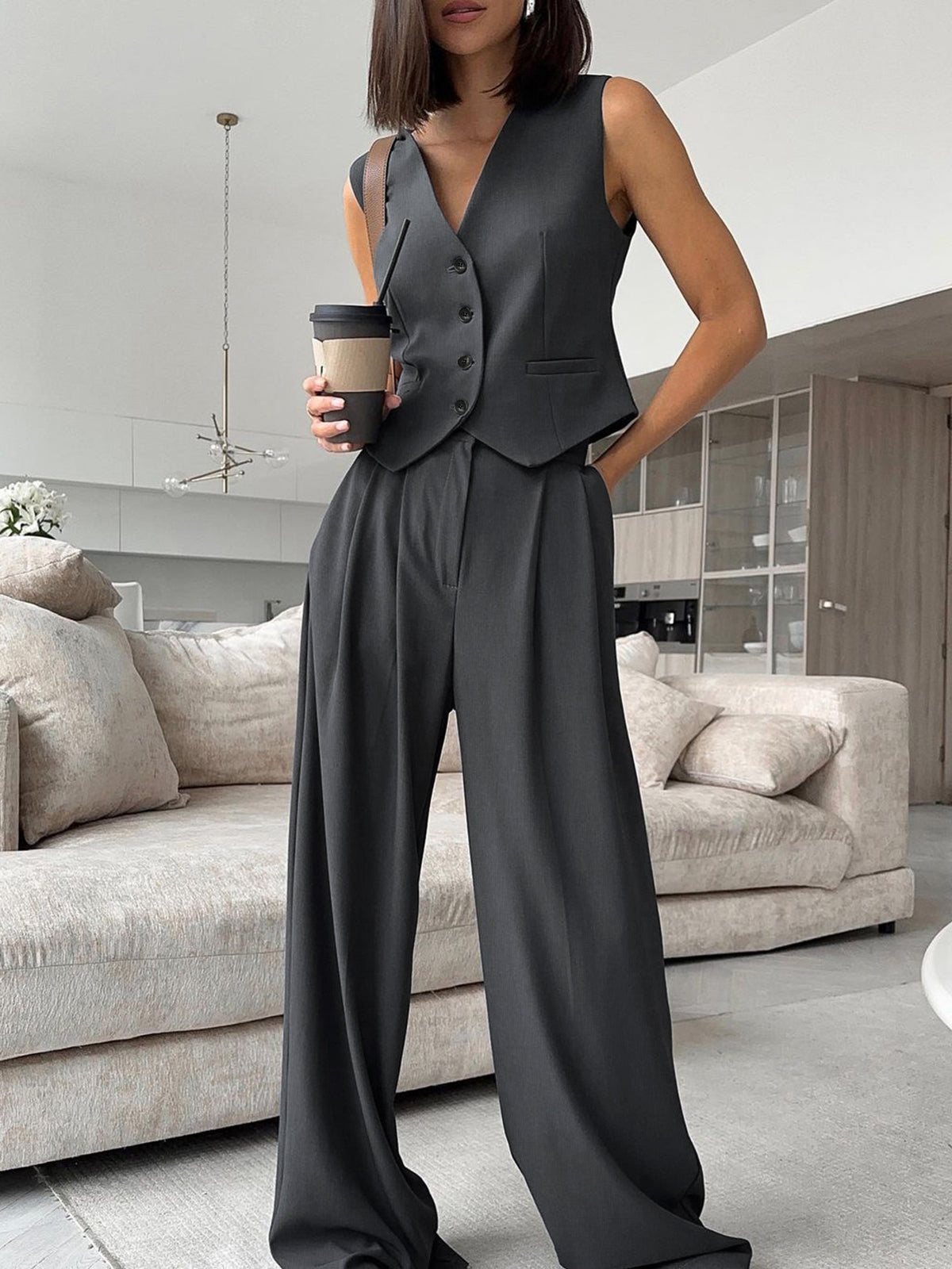 Solid V-Neck Waistcoat With Wide Leg Pants Set-CALLISTARI