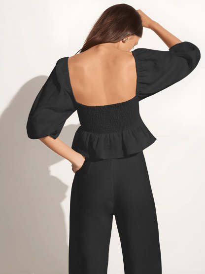 Cotton & Linen Square Neck With Bishop Sleeve Pant Set-CALLISTARI