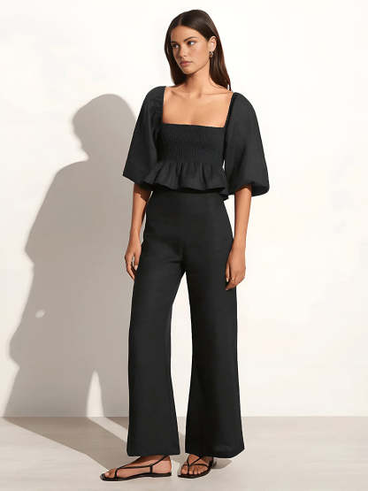 Cotton & Linen Square Neck With Bishop Sleeve Pant Set-CALLISTARI
