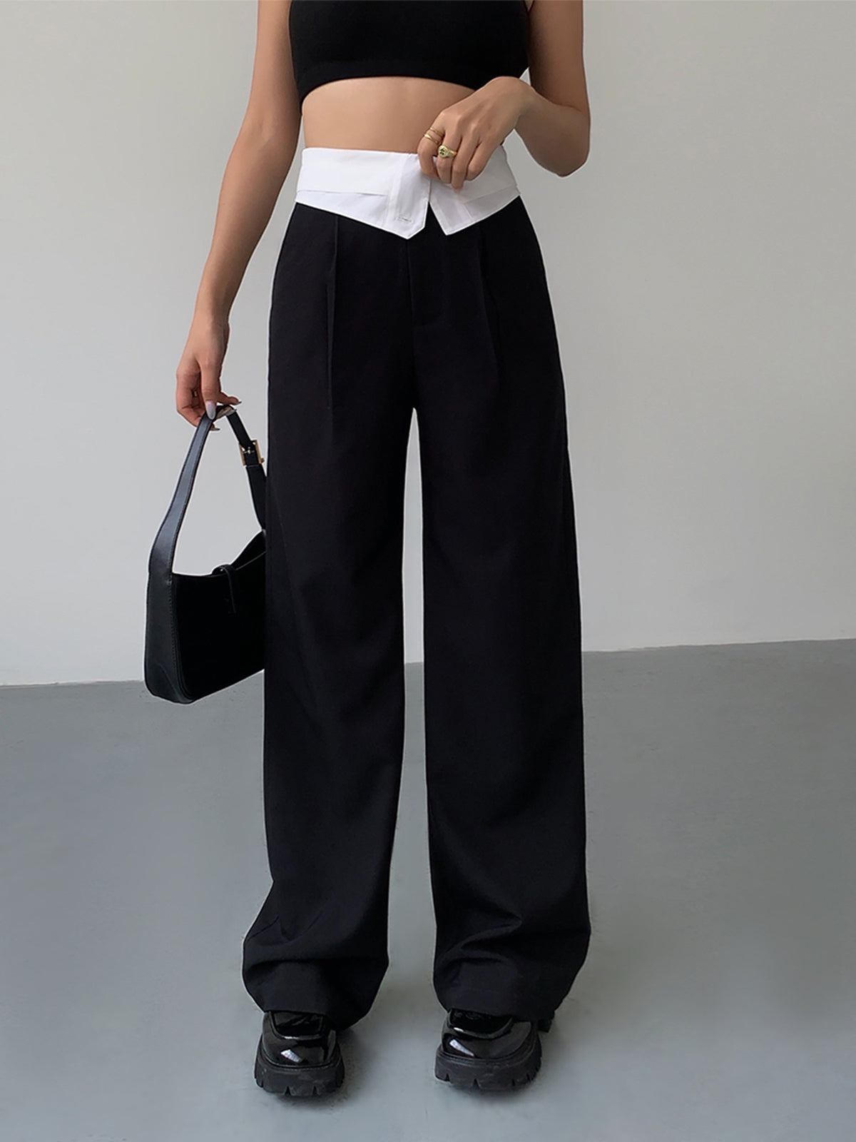 Callistari Callistari Folded Waist Contrast Wide Leg Pants-CALLISTARI