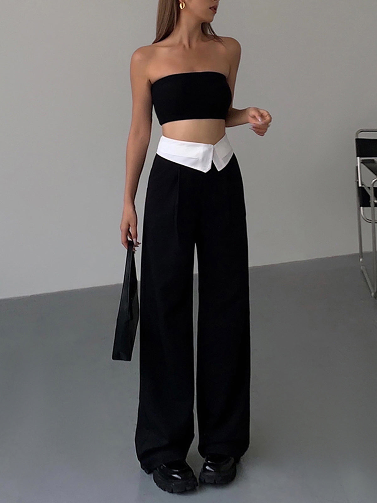 Callistari Callistari Folded Waist Contrast Wide Leg Pants-CALLISTARI