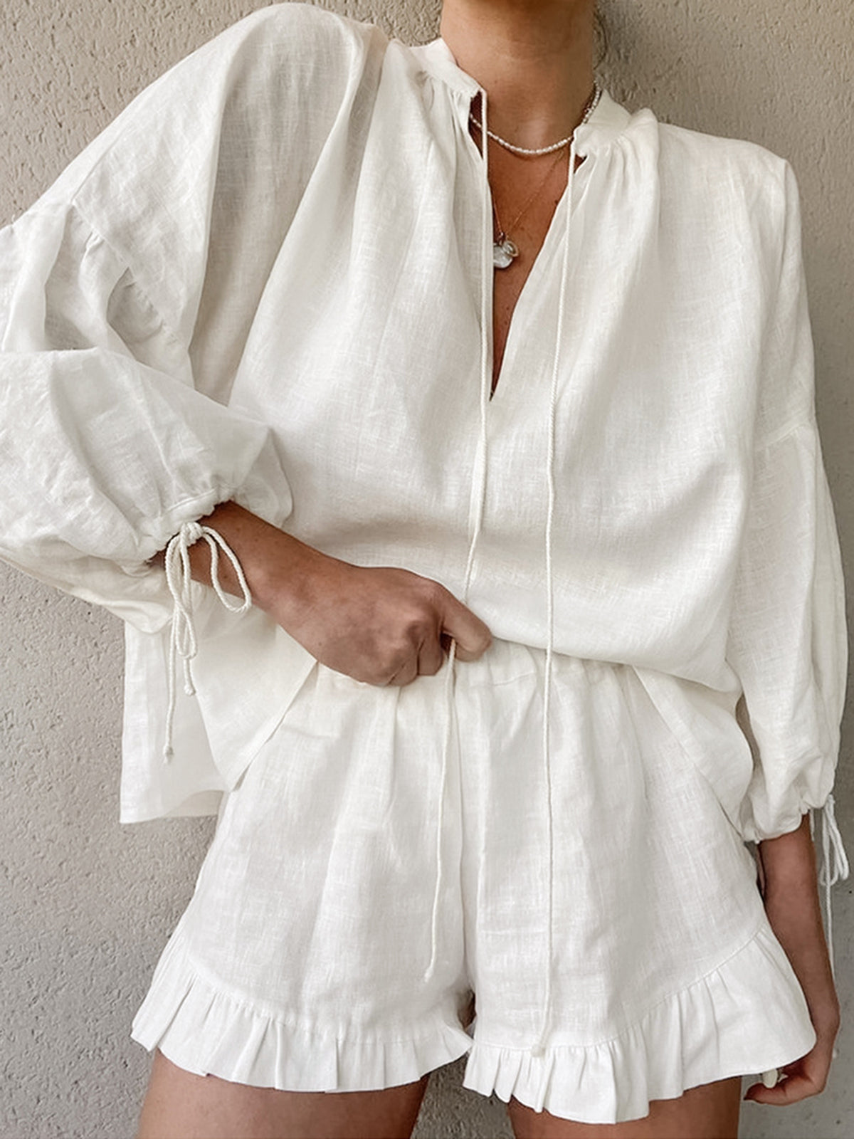 Pure Cotton Adjustable Cuff Ruffle Hem Shorts Set-CALLISTARI