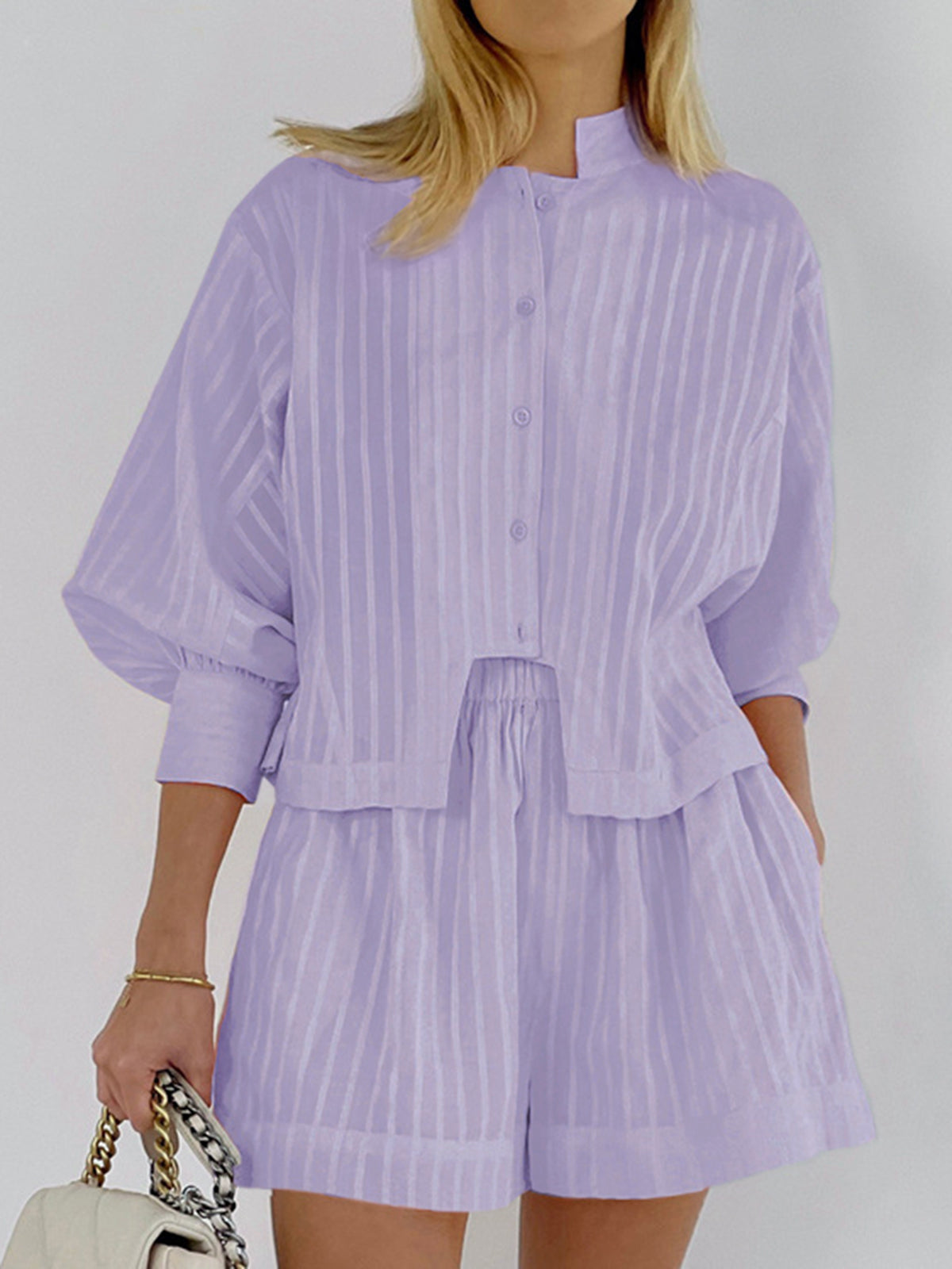 Pure Cotton Pinstripe Long-Sleeve Shorts Set-CALLISTARI