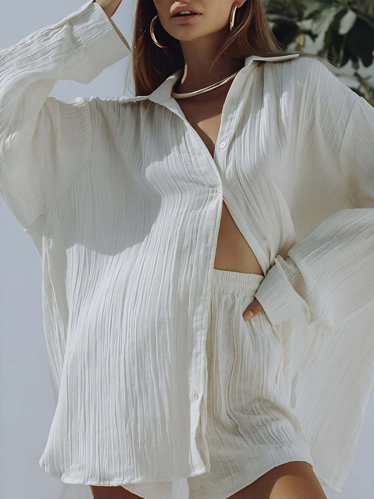 Cotton Blends Pockets Drawstring Shorts Set-CALLISTARI