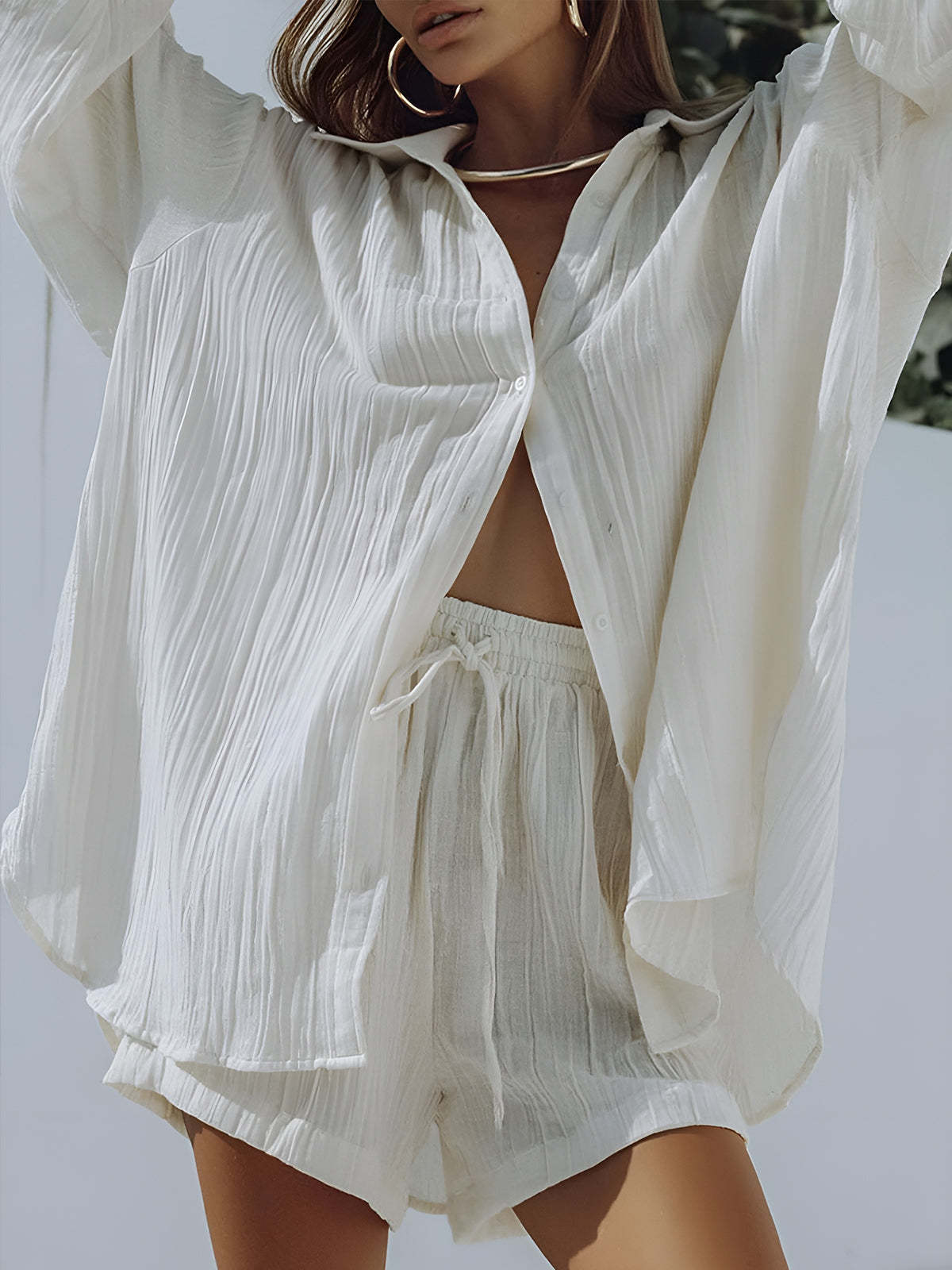 Cotton Blends Pockets Drawstring Shorts Set-CALLISTARI