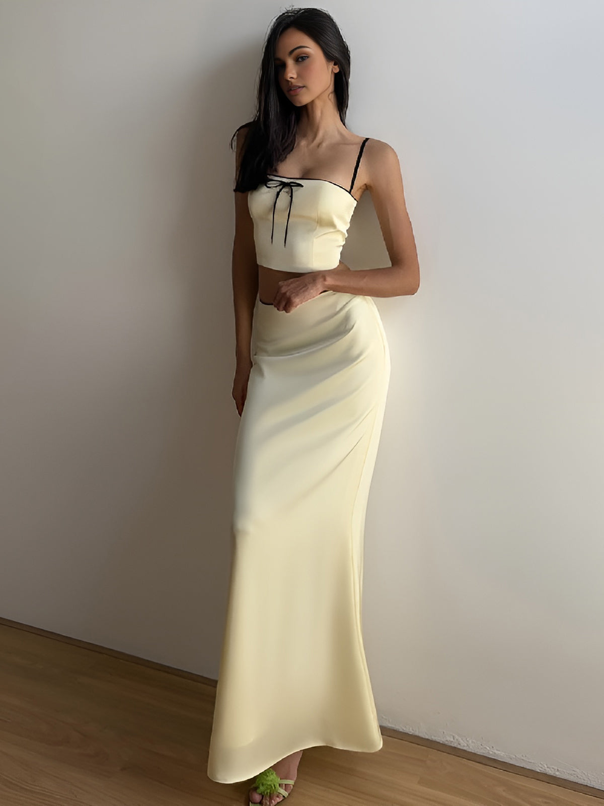 Contrast Trim Bow Decor Skirt Set-CALLISTARI