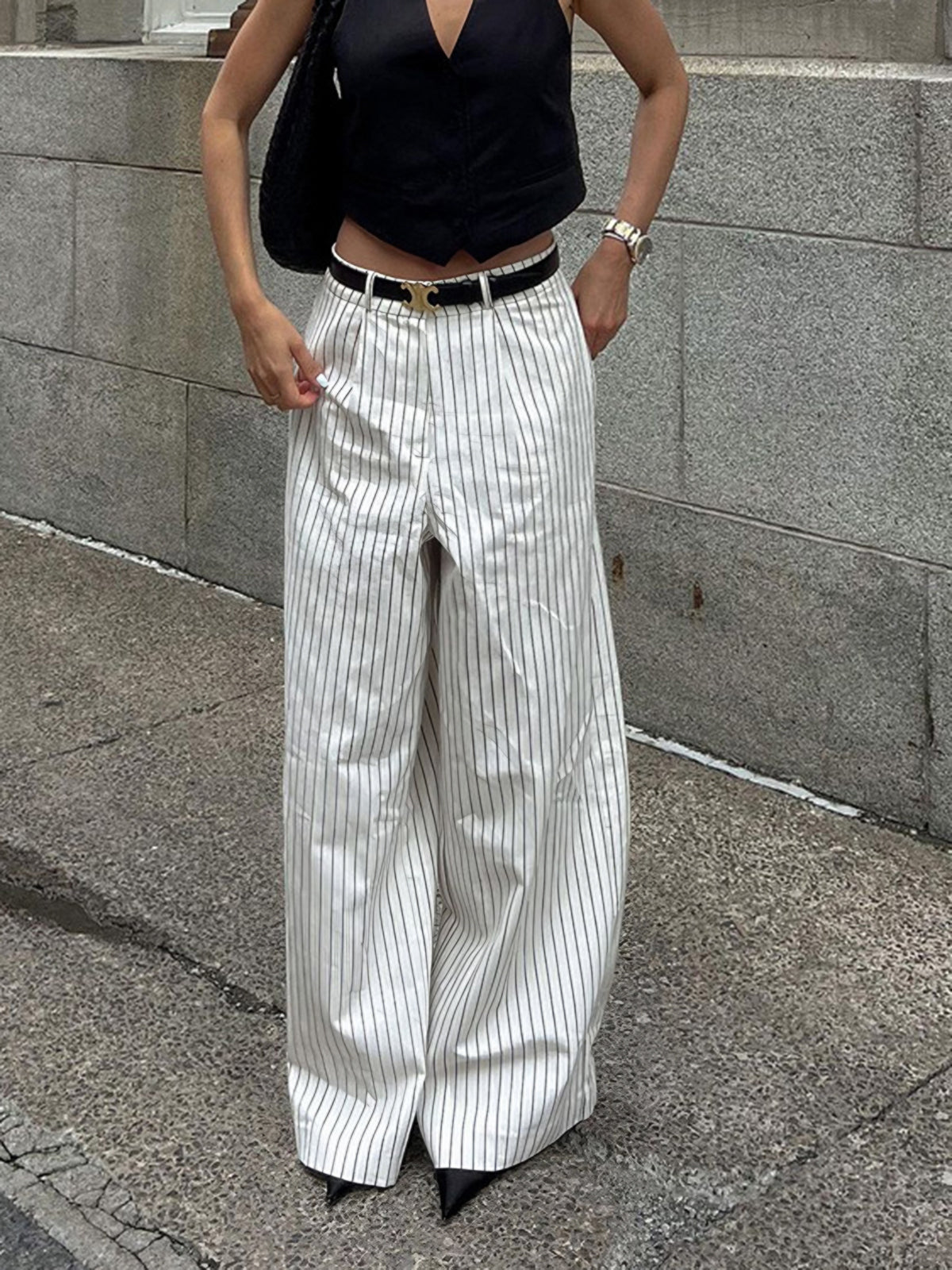 Callistari Callistari Striped Pockets Wide Leg Pants Without Belt-CALLISTARI