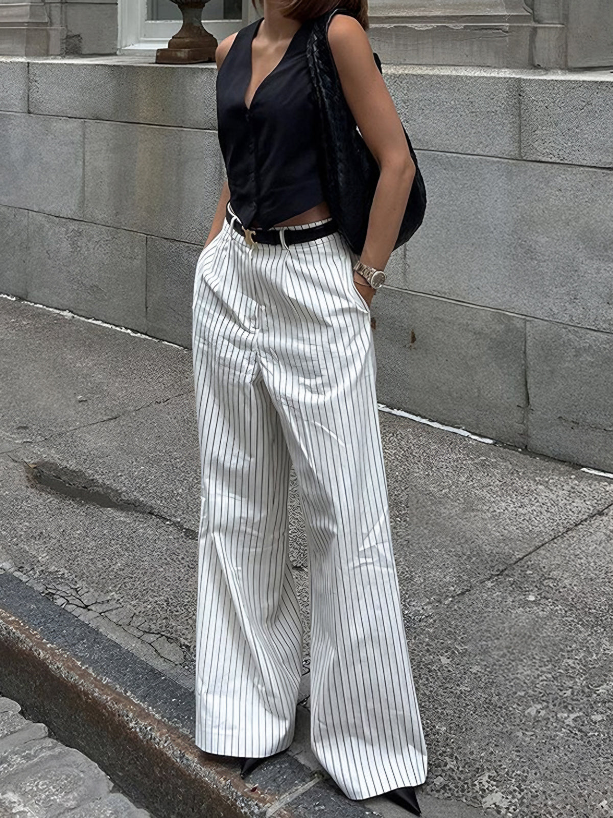 Callistari Callistari Striped Pockets Wide Leg Pants Without Belt-CALLISTARI