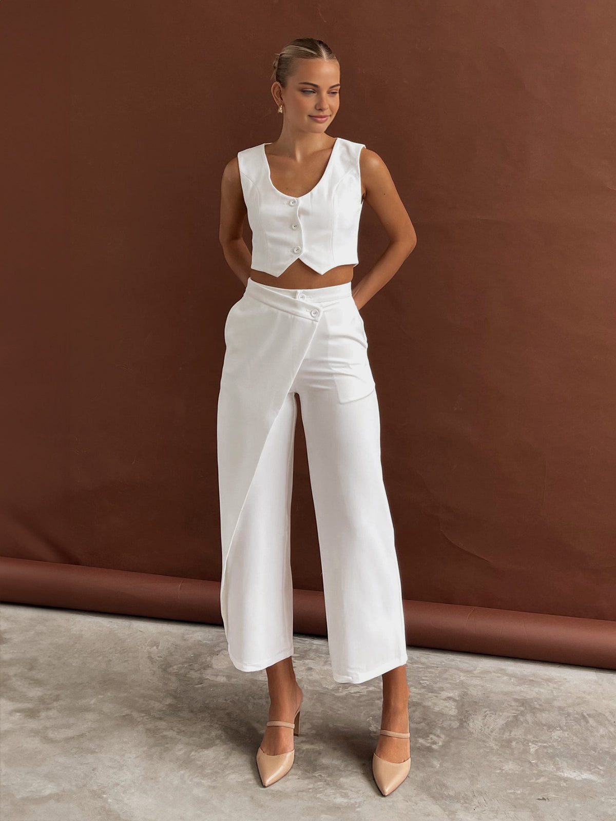 Solid  Asymmetrical Straight Leg Pants Set-Mesadic