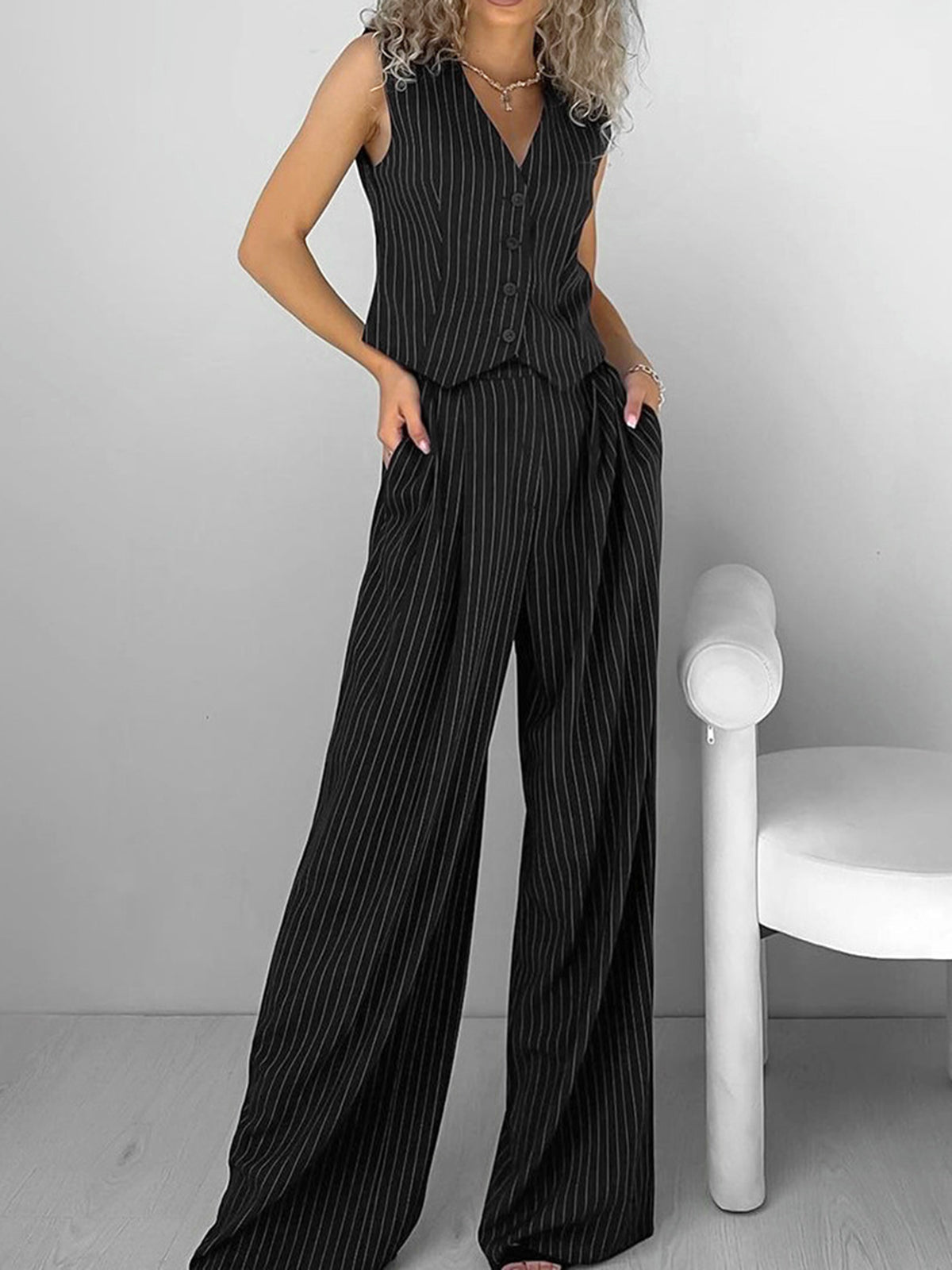 Relaxed Striped Suit Pants Set-Mesadic