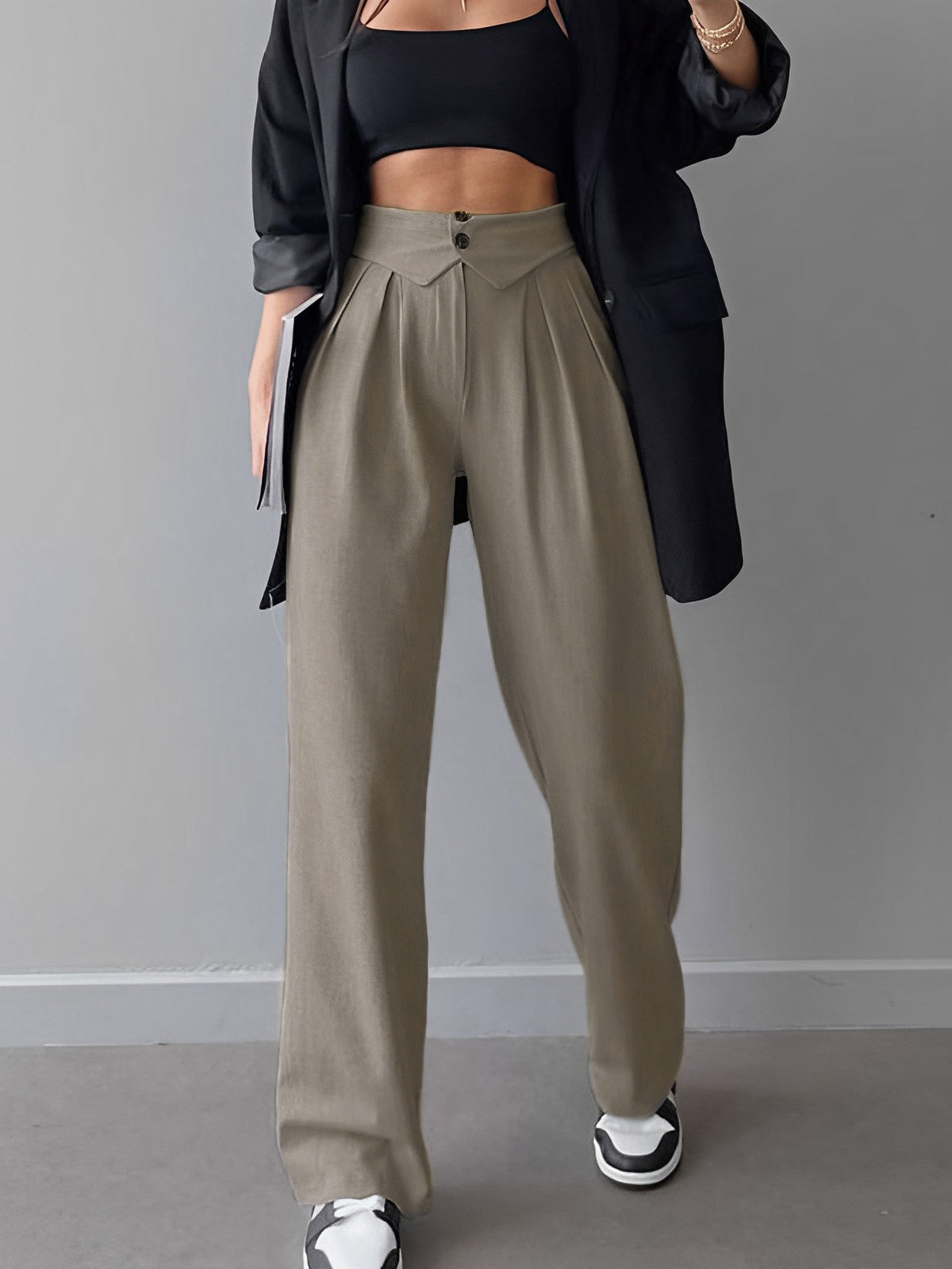 Street Fold Over Waistband Straight Leg Dress Pants-CALLISTARI
