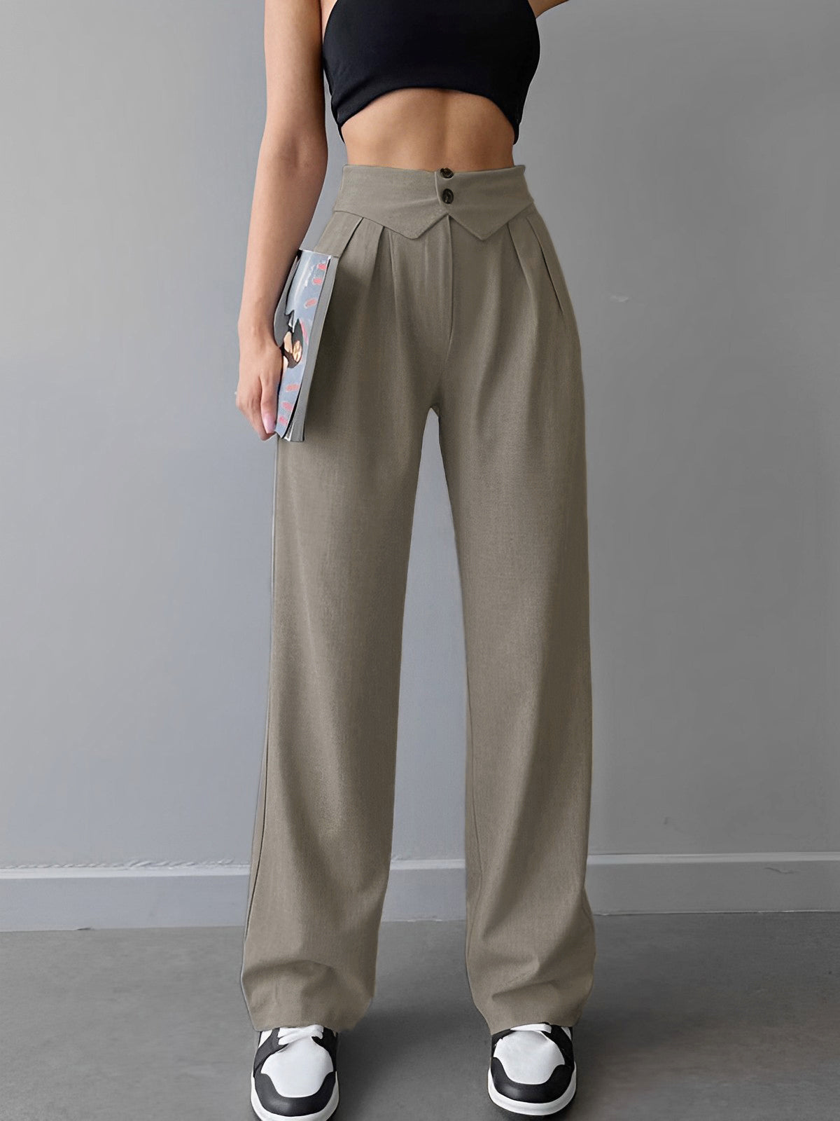 Street Fold Over Waistband Straight Leg Dress Pants-CALLISTARI