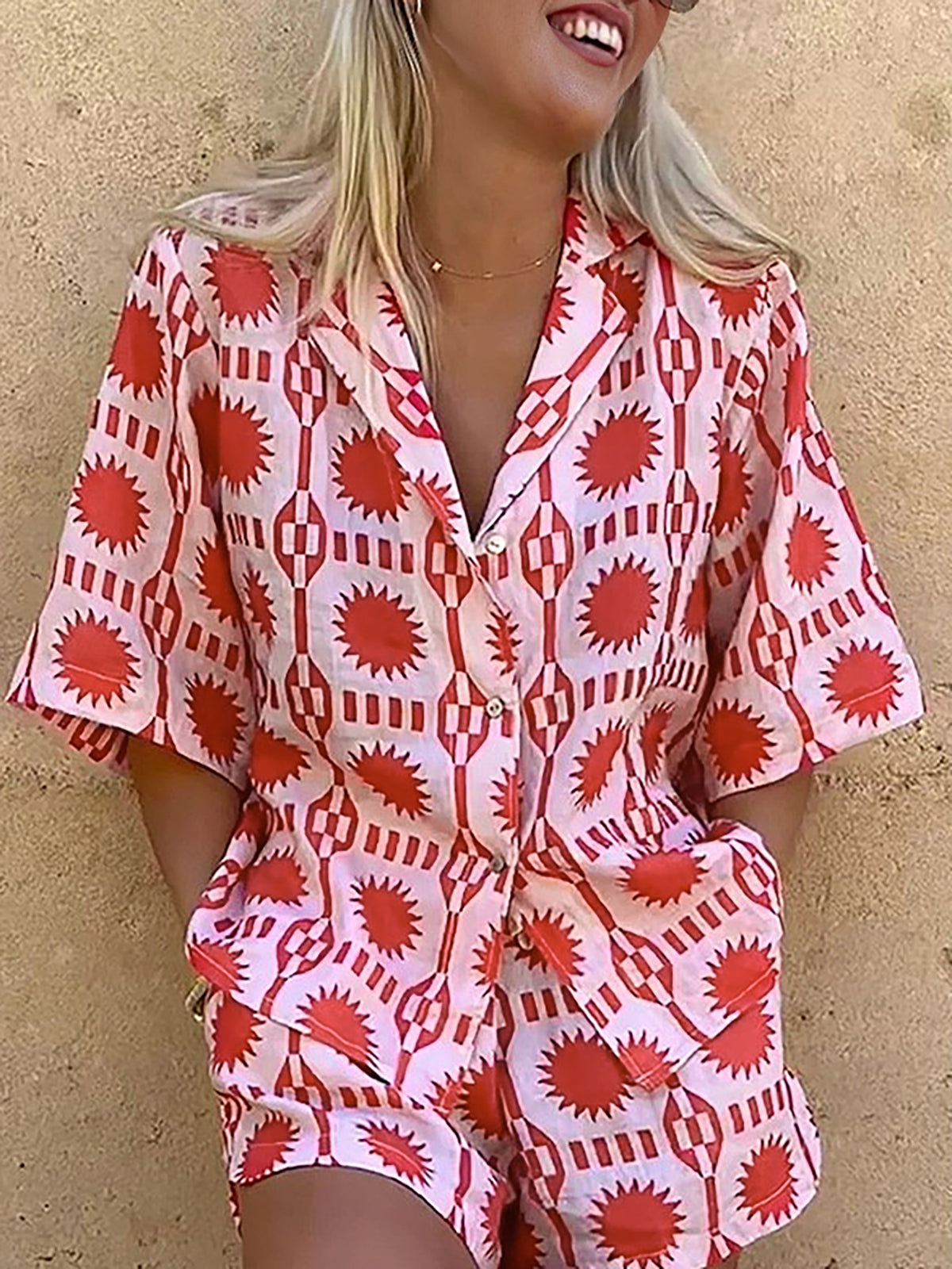 Tropical Print Drawstring Shorts Set-Trafni