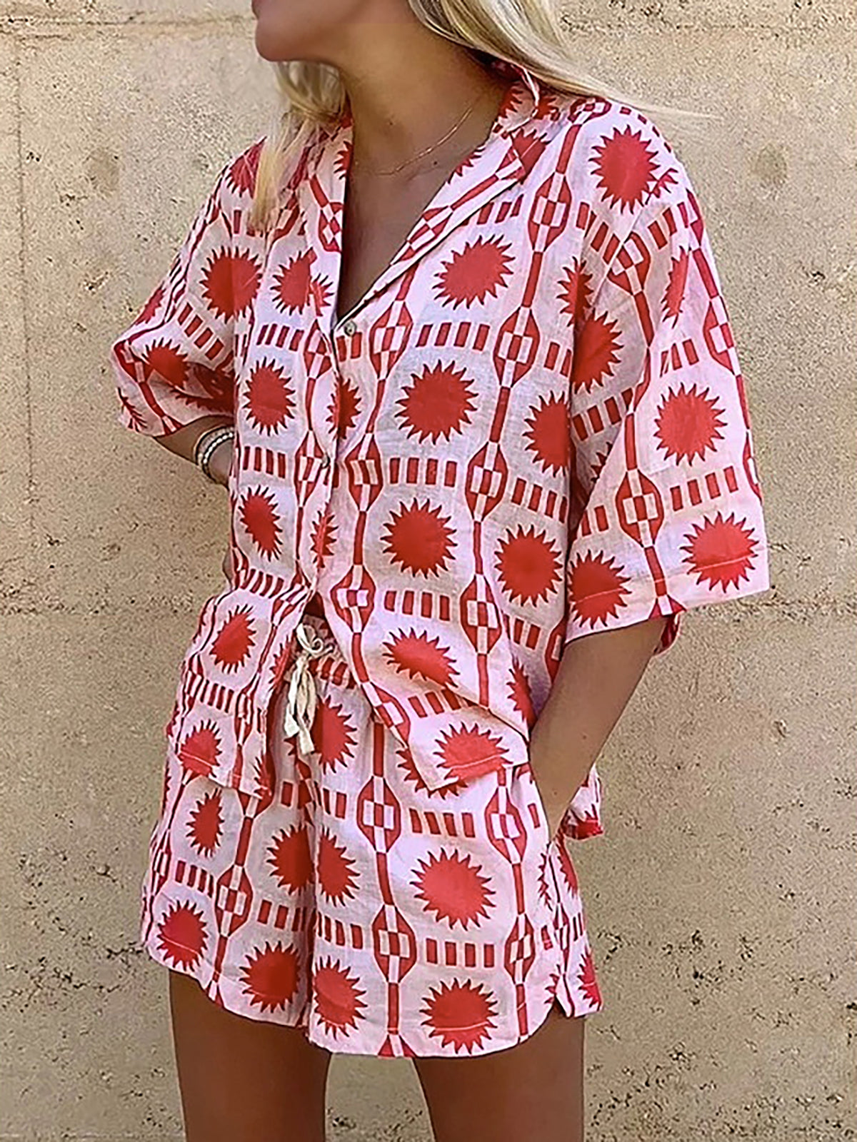 Tropical Print Drawstring Shorts Set-Trafni