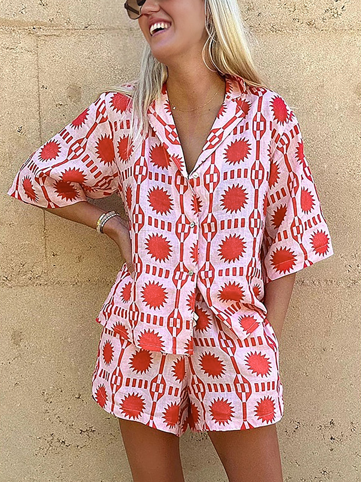 Tropical Print Drawstring Shorts Set-CALLISTARI