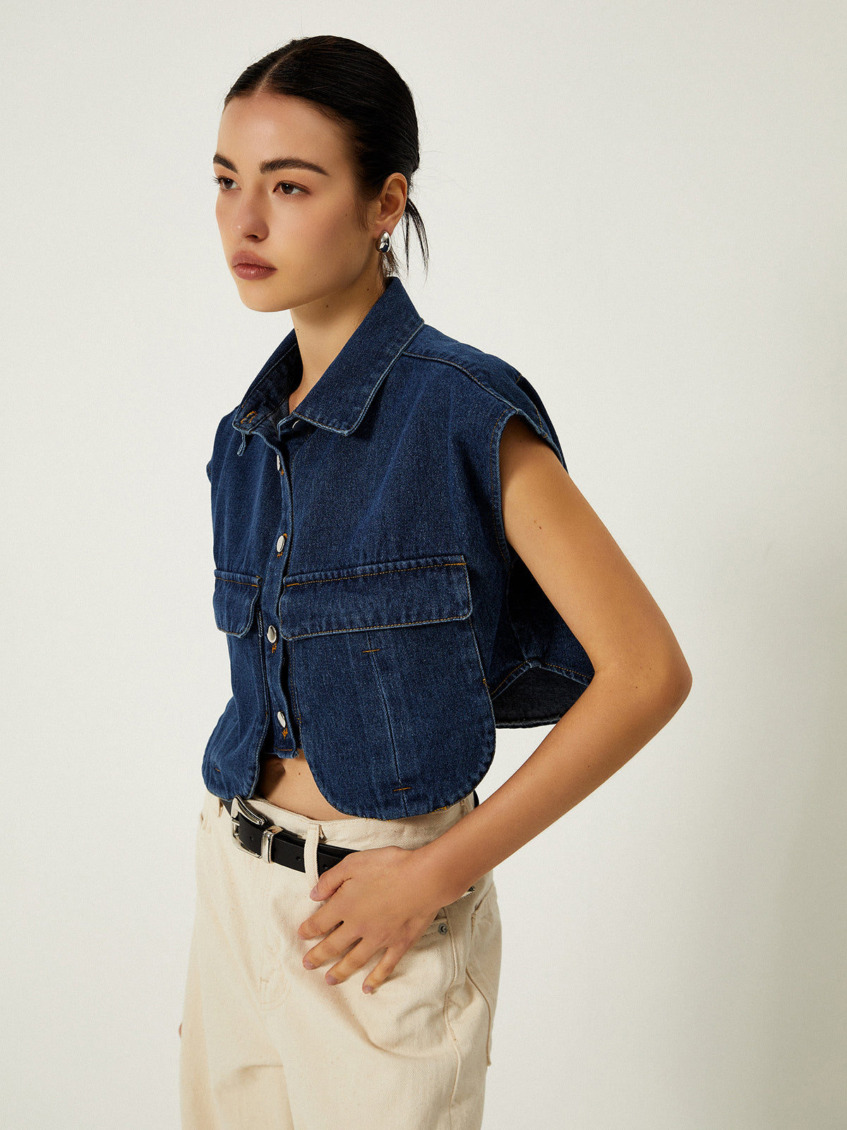 Denim Pockets Turn Down Collar Vest-Mesadic