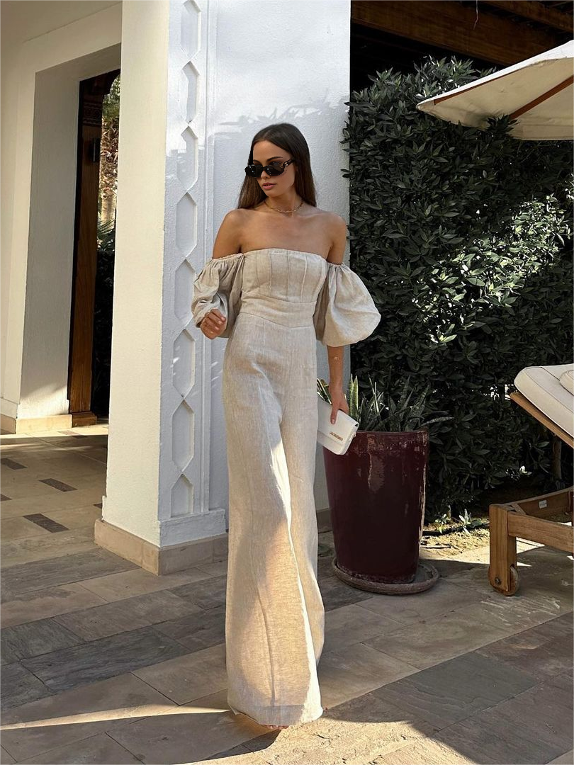 Linen Blends Puff Sleeve Jumpsuit-CALLISTARI