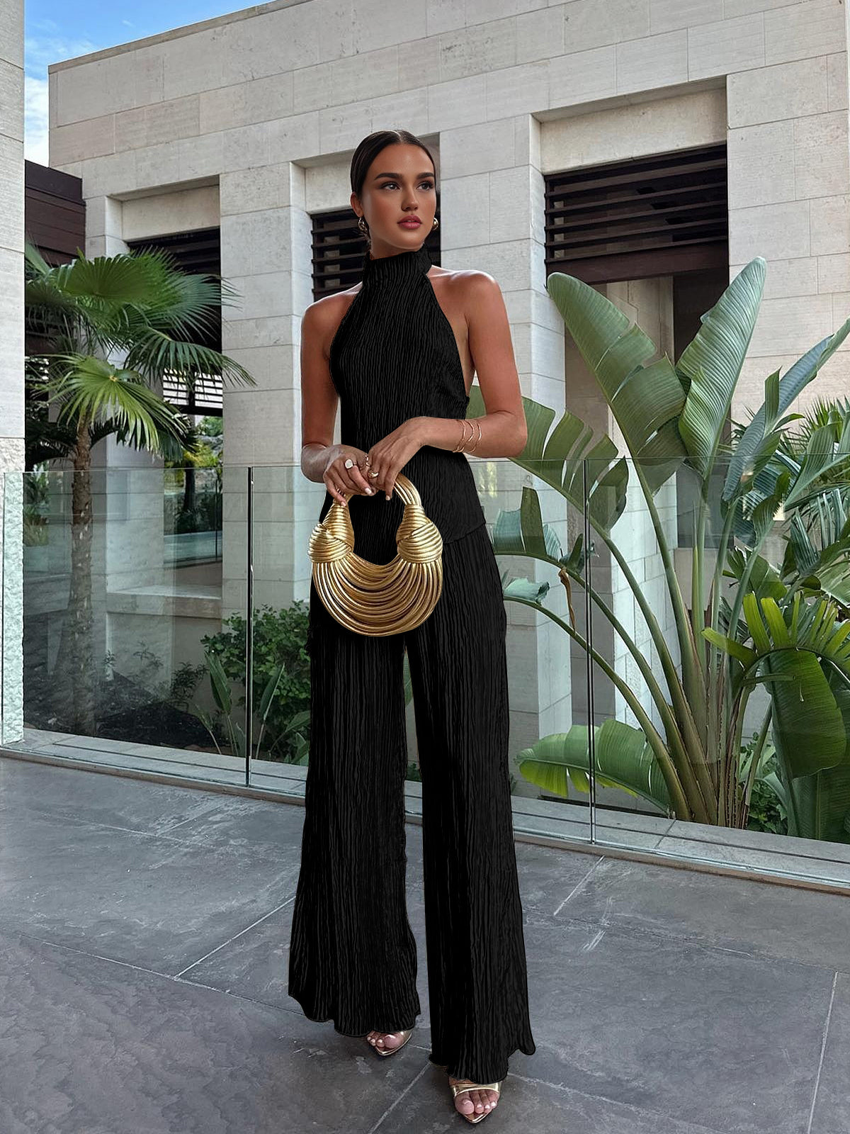 Asymmetric Halter Crop Top With Wide Leg Pants Set-Mesadic