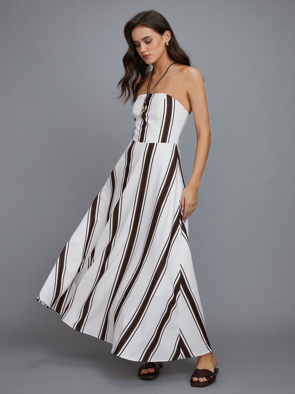 Striped Off-Shoulder Long Dress-Mesadic