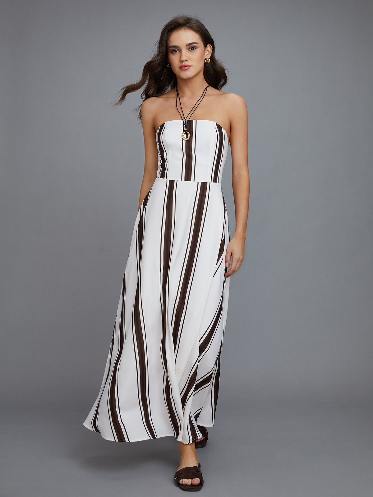 Striped Off-Shoulder Long Dress-Mesadic