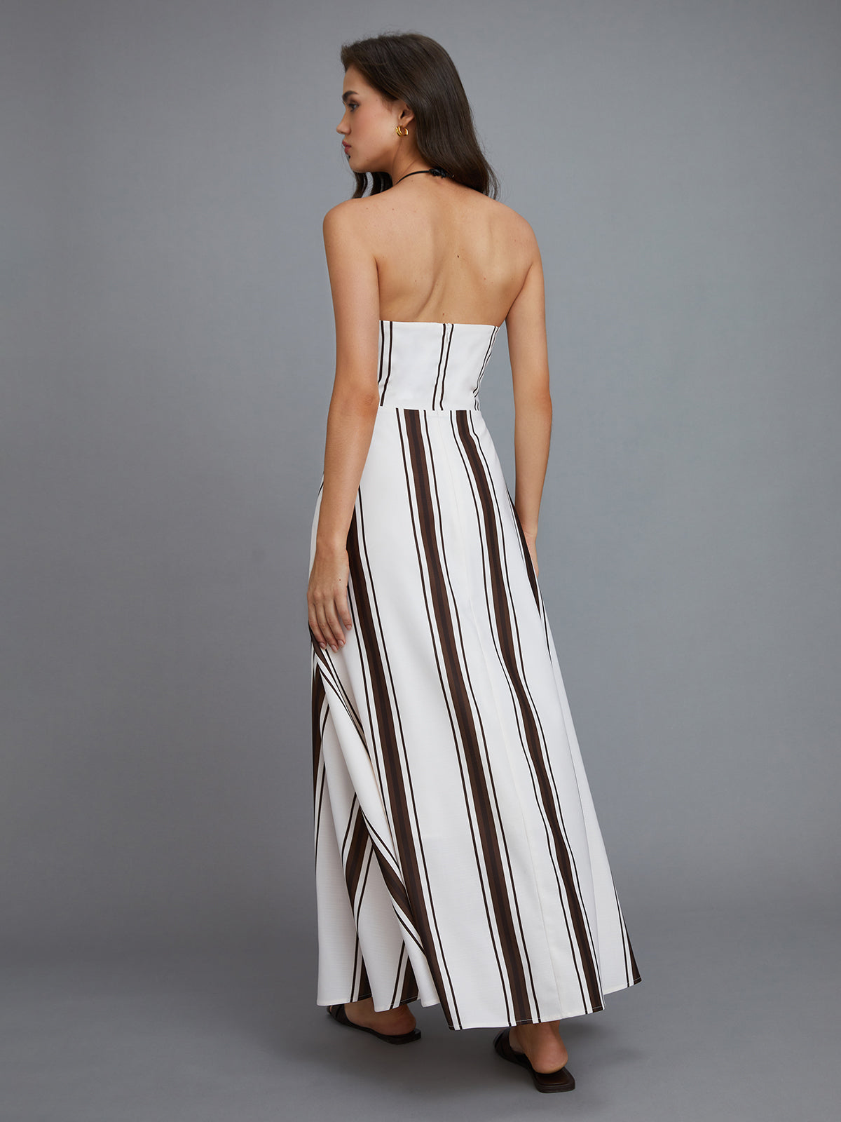 Striped Off-Shoulder Long Dress-Mesadic