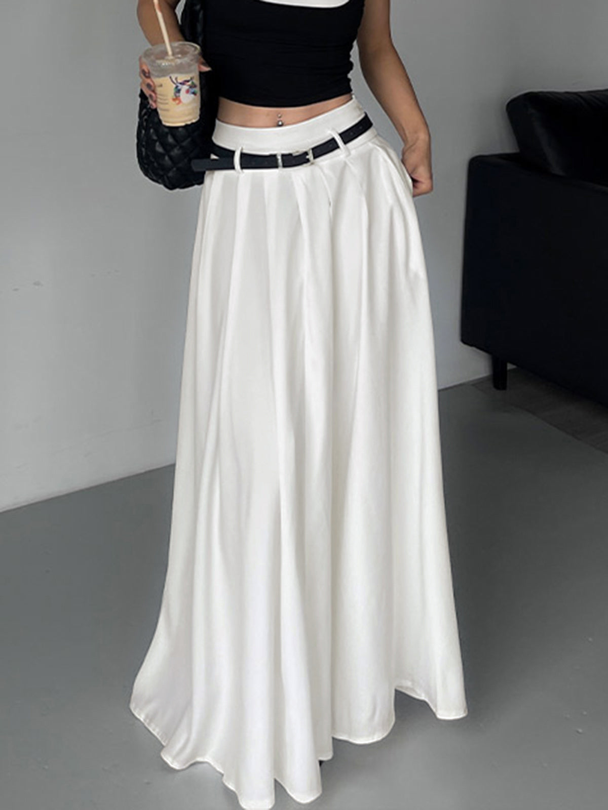Belted Pleated Long Skirt-CALLISTARI