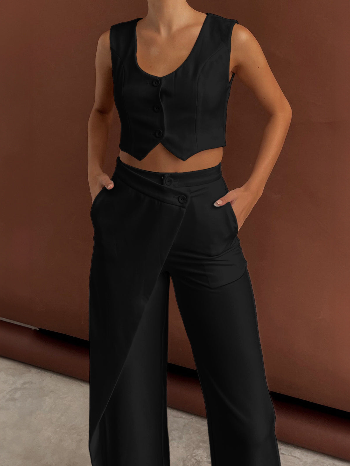 Solid  Asymmetrical Straight Leg Pants Set-Mesadic