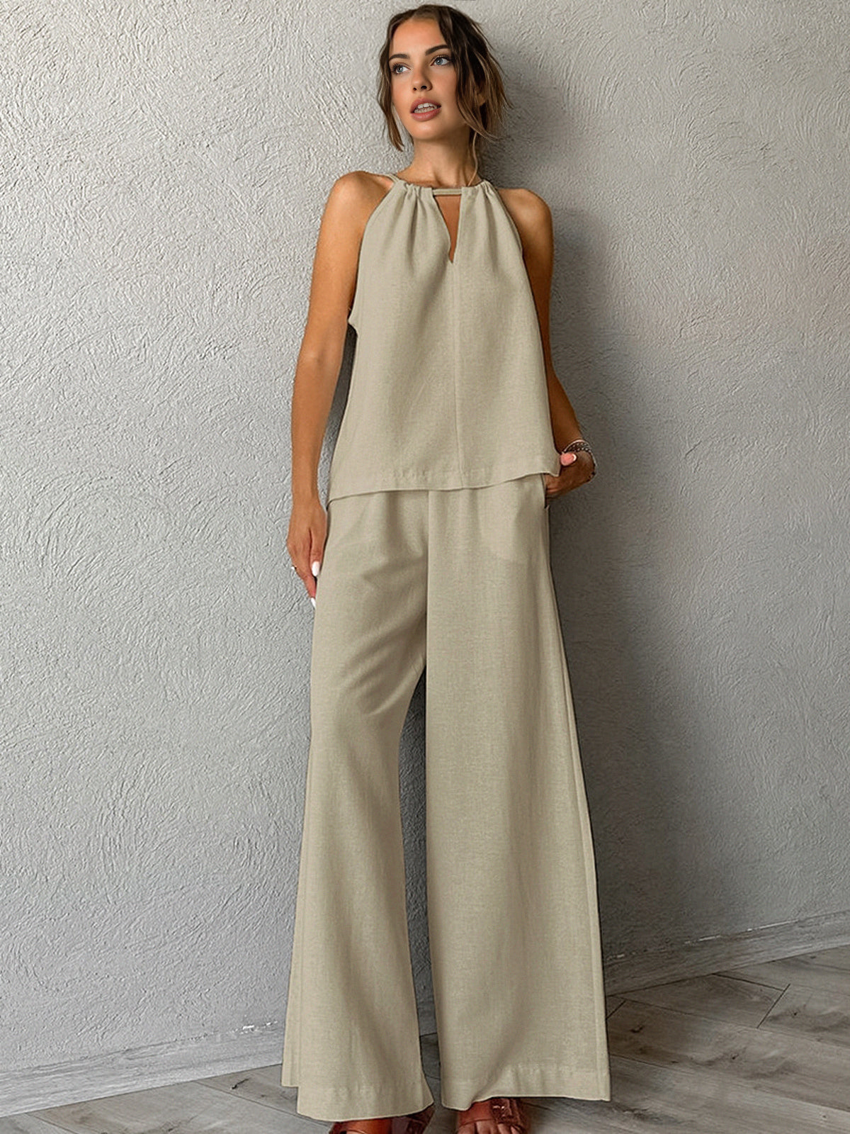 Pure Cotton Cutout Tank Top With Wide Leg Pants Set-CALLISTARI