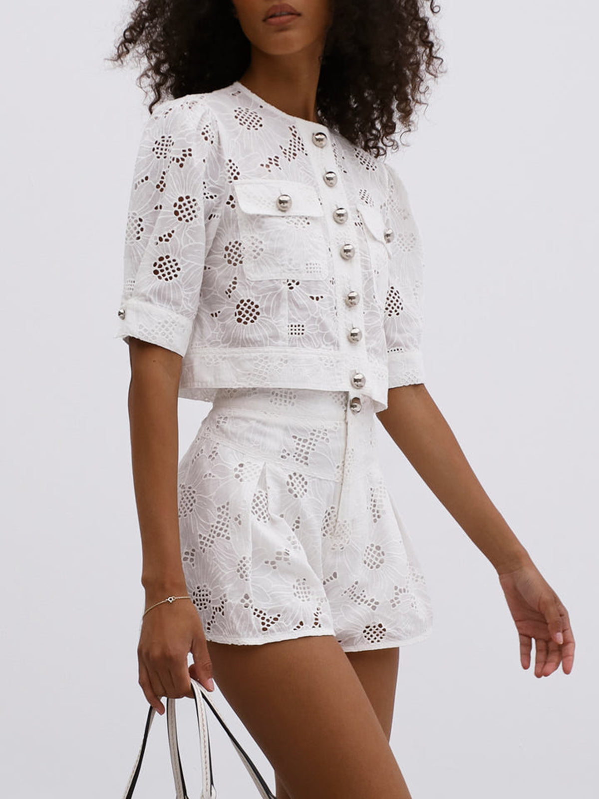 Multi-Button Embroidery Shorts Set-Mesadic