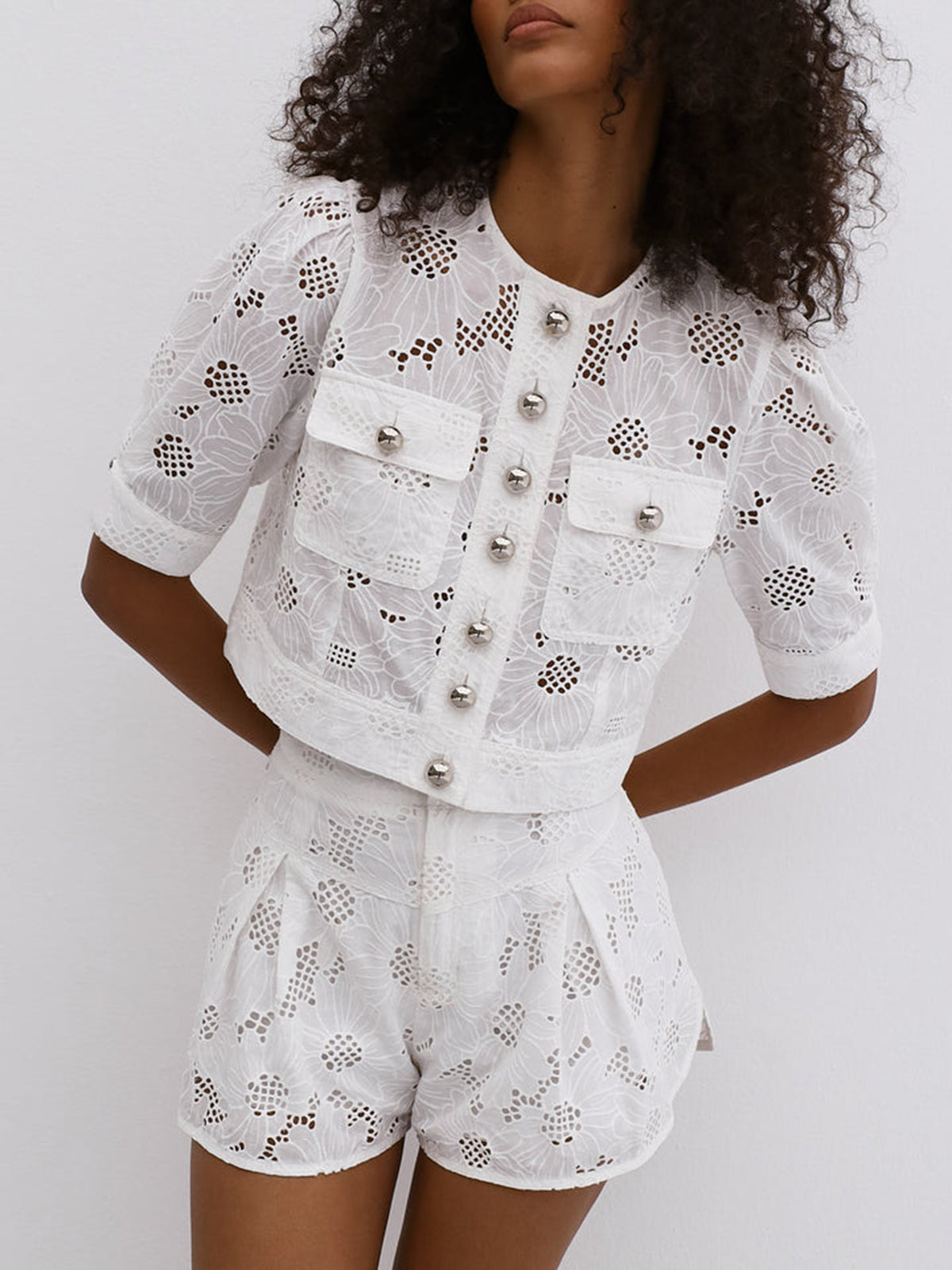 Multi-Button Embroidery Shorts Set-Mesadic